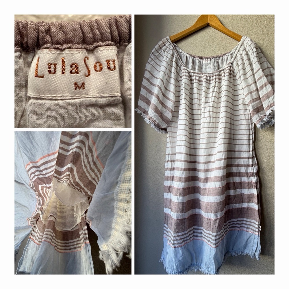 Lula Soul Striped Cotton Boho Peasant Dress Pockets Lined Soft Lightweight M